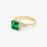 2.35 Ctw 14k Asscher Cut Lab Grown Colombian Emerald and Baguette Diamond Ring - Lena Ferkos Fine Jewelry