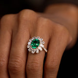 5.30 Ctw 14k Lab Grown Colombian Emerald and Oval Diamond Halo Statement Ring - Nysa Ferkos Fine Jewelry
