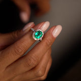 4.20 Ctw 14k Oval Shape Lab Grown Colombian Emerald and Diamond Halo Engagement Ring - Alma