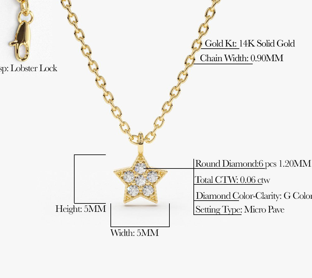 14K Real Solid Gold Star Necklace for Women