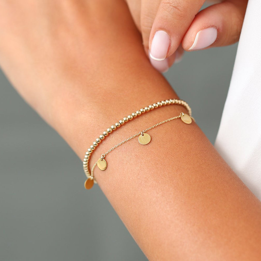 14K Gold Plated Stainless Steel Beaded Stretch Bracelet - 2-6mm Beads, Stacking Style T15