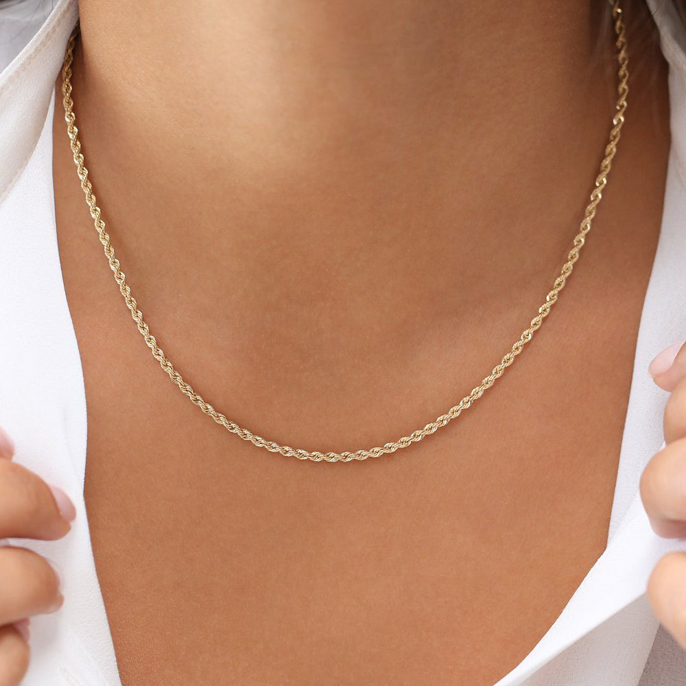 14K Solid Gold Rope Chain Necklace, Real 14K Gold Rope Chain