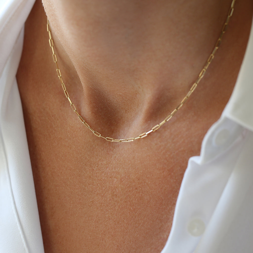 14k Solid Gold Tiny Paper Clip Link Necklace
