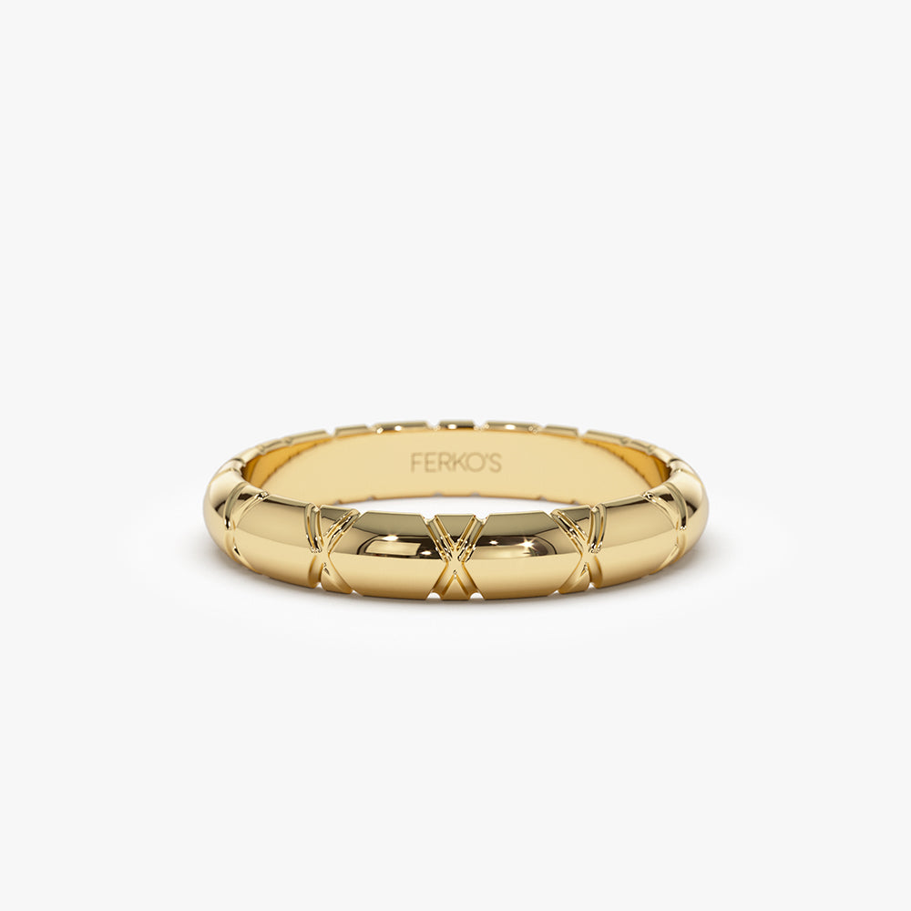 14k 3MM Unique X Cut Design Gold Wedding Ring