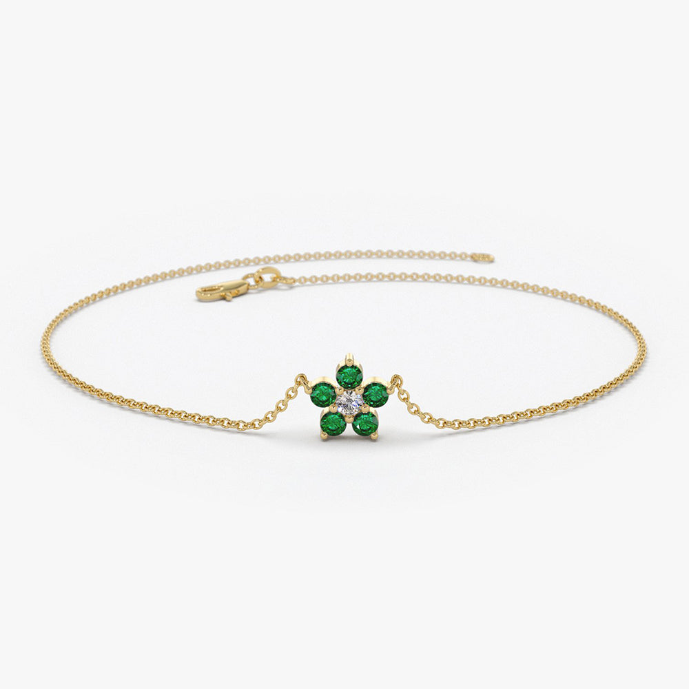 14K Emerald and Diamond Flower Charm Bracelet 14K Gold Ferkos Fine Jewelry
