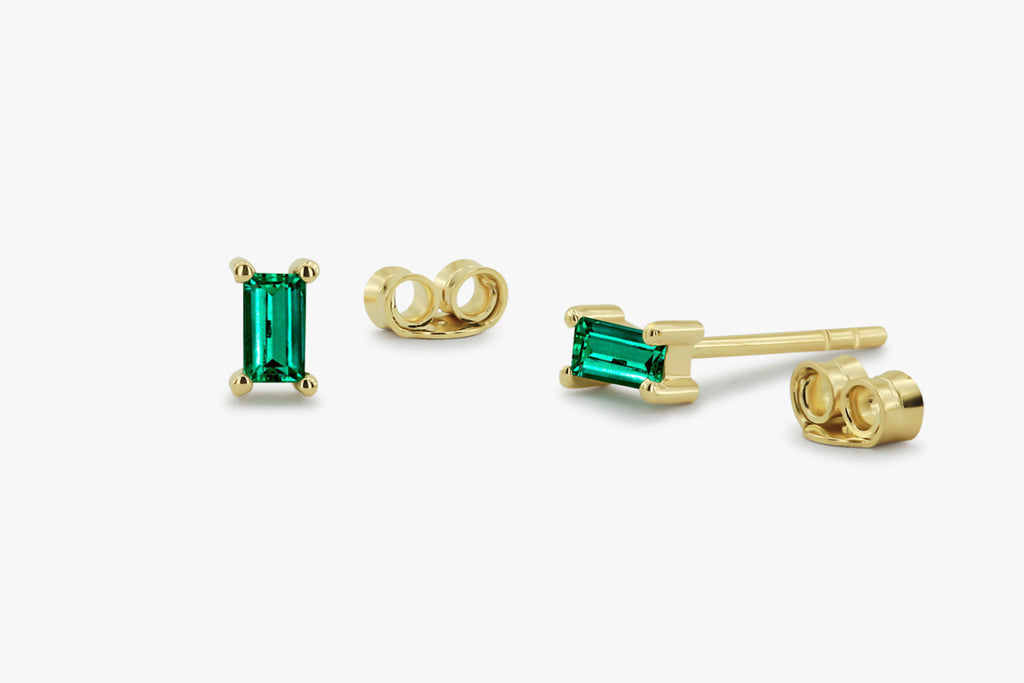 14K Gold Baguette Cut Emerald Studs