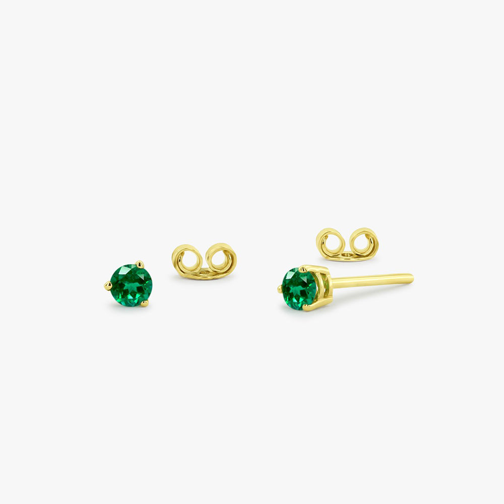 14K Gold Round Cut Emerald Stud Earrings