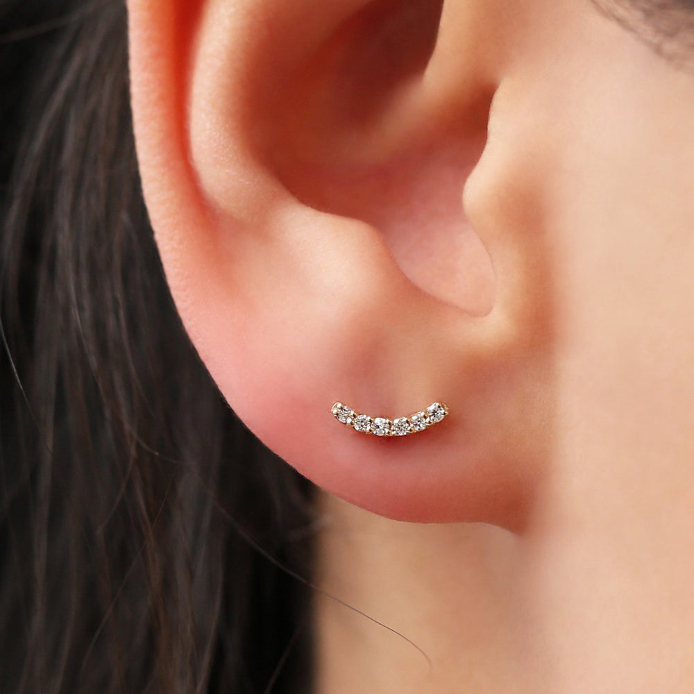 14K Gold Diamond Curved Bar Stud Earrings