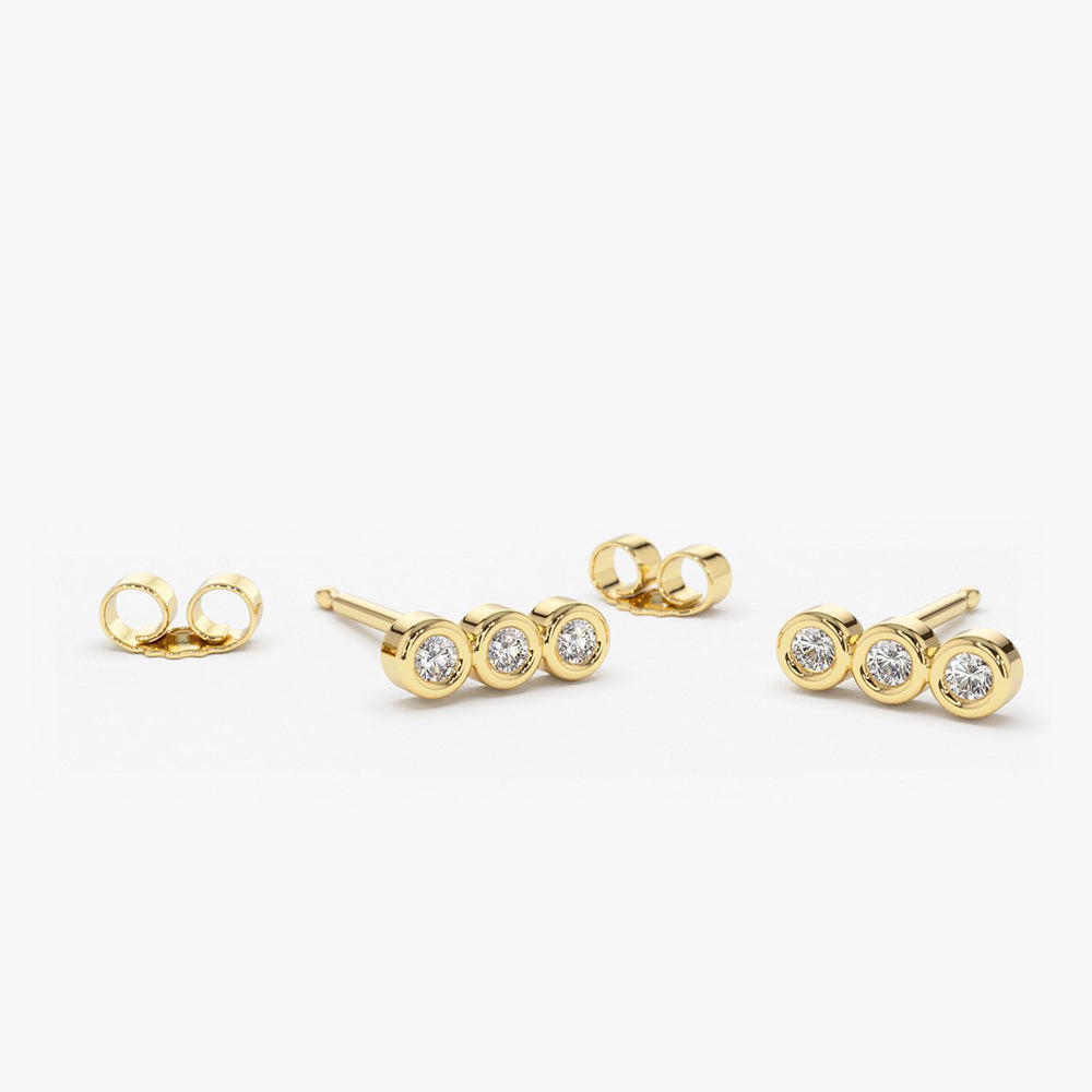 14K Gold 3 Stone Diamond Bezel Earrings 14K Gold Ferkos Fine Jewelry