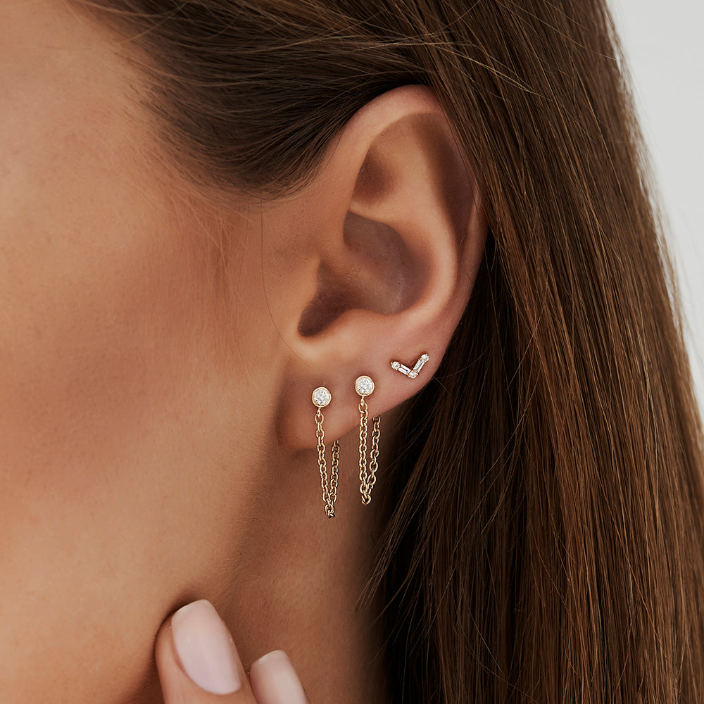 14K Bezel Setting Diamond Studs Chain Earrings 14K Rose Gold