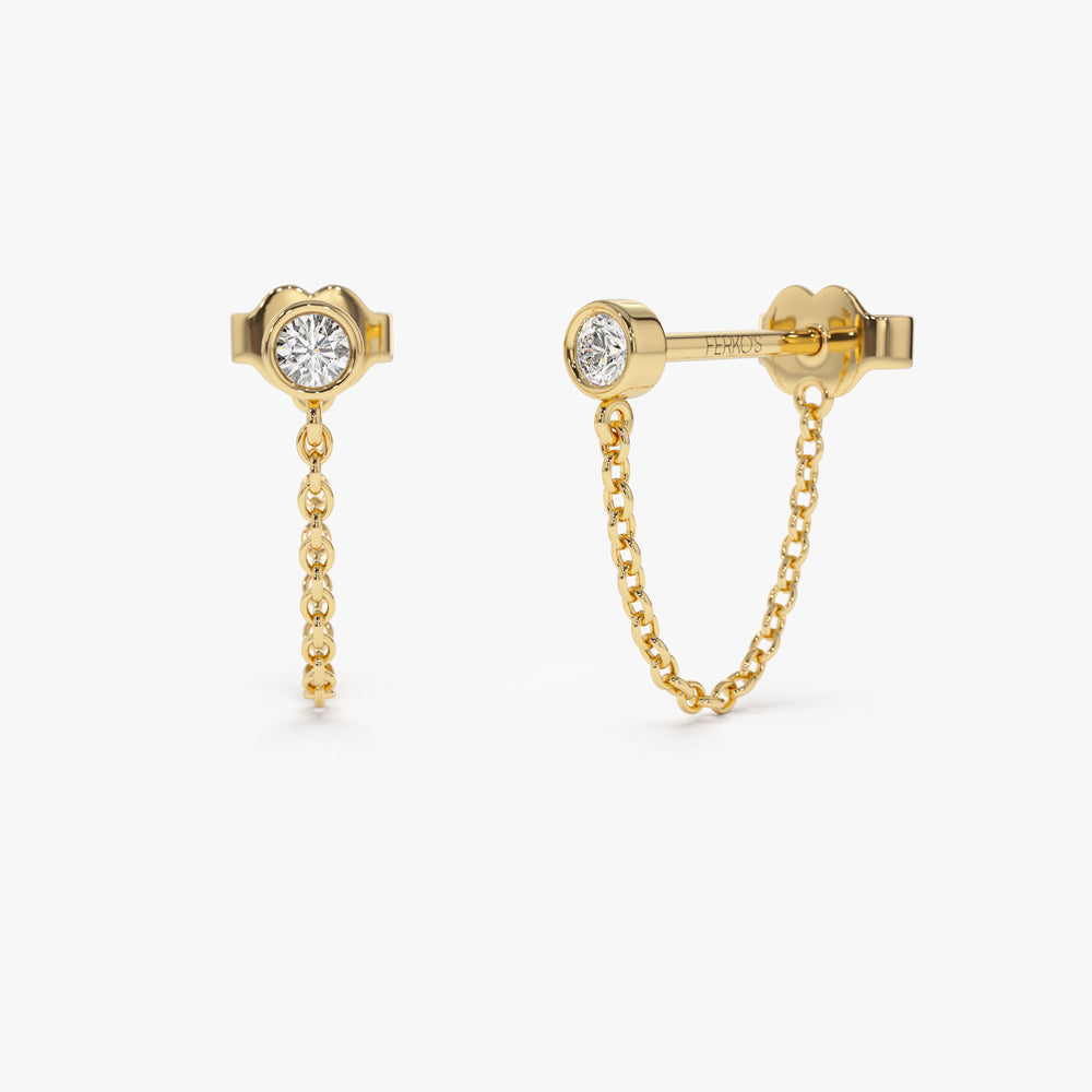 14k Bezel Setting Diamond Studs Chain Earrings