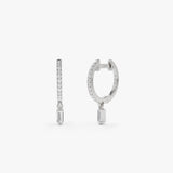 14k Diamond Huggies with a Dangling Baguette Diamond 14K White Gold Ferkos Fine Jewelry