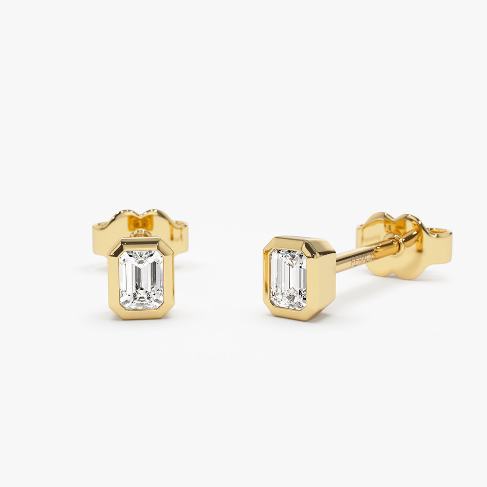 14K Solid Gold Emerald Cut Diamond Stud Earrings