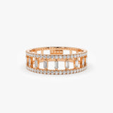 14k Double Row Micro Pave Diamond Ring with Baguette Diamond 14K Rose Gold Ferkos Fine Jewelry