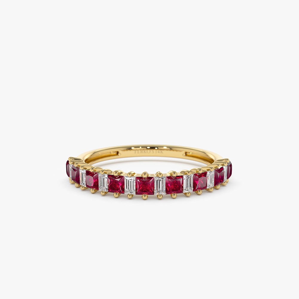 14k Unique Princess Cut Ruby and Baguette Diamond Ring 14K Gold Ferkos Fine Jewelry