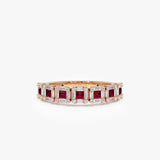 14k Princess Cut Ruby W/ Baguette and Round Diamond Ring 14K Rose Gold Ferkos Fine Jewelry