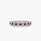 14k Princess Cut Ruby W/ Baguette and Round Diamond Ring 14K White Gold Ferkos Fine Jewelry
