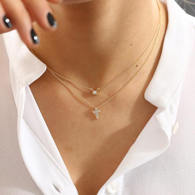14K Gold Tiny Diamond Cross Necklace 14K White Gold / 17 Inches