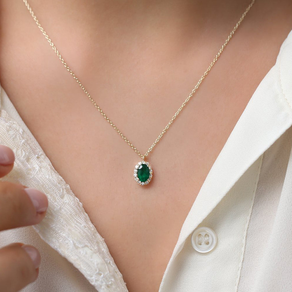 14K Gold Oval Cut Emerald Halo Diamond Necklace – Ferkos Fine Jewelry