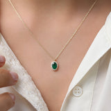 14K Gold Oval Cut Emerald Halo Diamond Necklace Ferkos Fine Jewelry