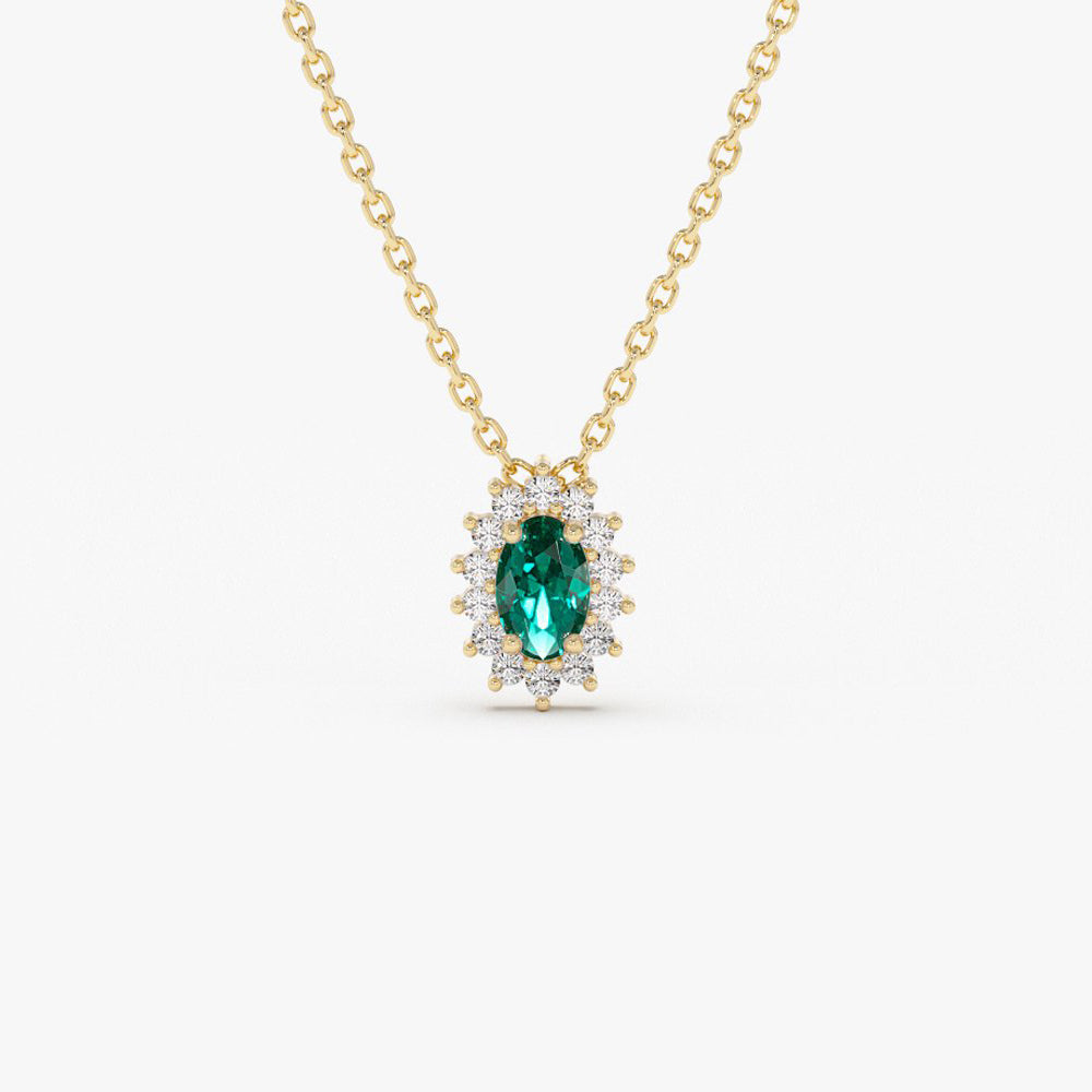 14k Emerald Necklace with Halo Diamonds 14K Gold Ferkos Fine Jewelry