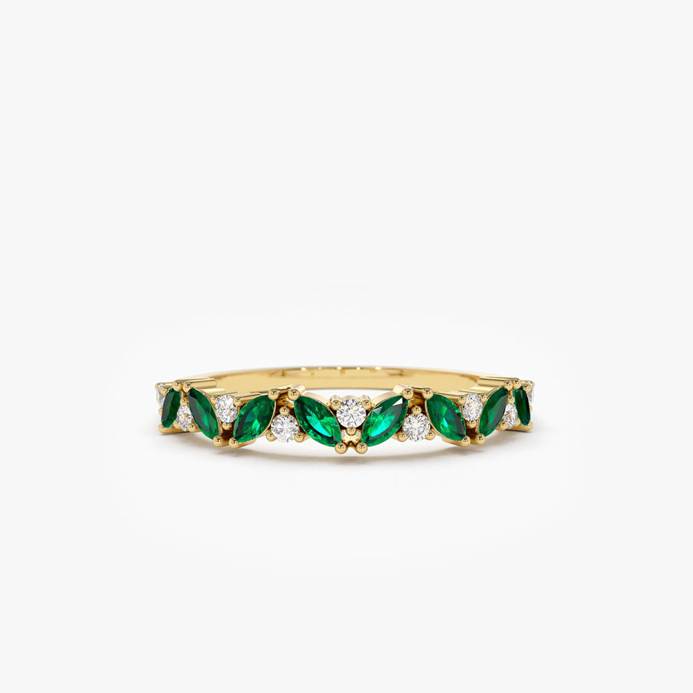 14k Slanted Emerald and Round Diamond Ring 14K Gold Ferkos Fine Jewelry