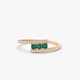 14k Cross Over Diamond Ring with Round Emeralds 14K Rose Gold Ferkos Fine Jewelry