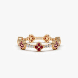 Full Eternity Clover Ruby and Diamond Ring in 14k Gold 14K Rose Gold Ferkos Fine Jewelry