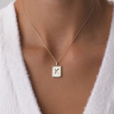 14k Baguette and Round Diamond Tag Initial Necklace