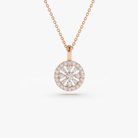 14K Rose Baguette and Round Diamond Charm Necklace
