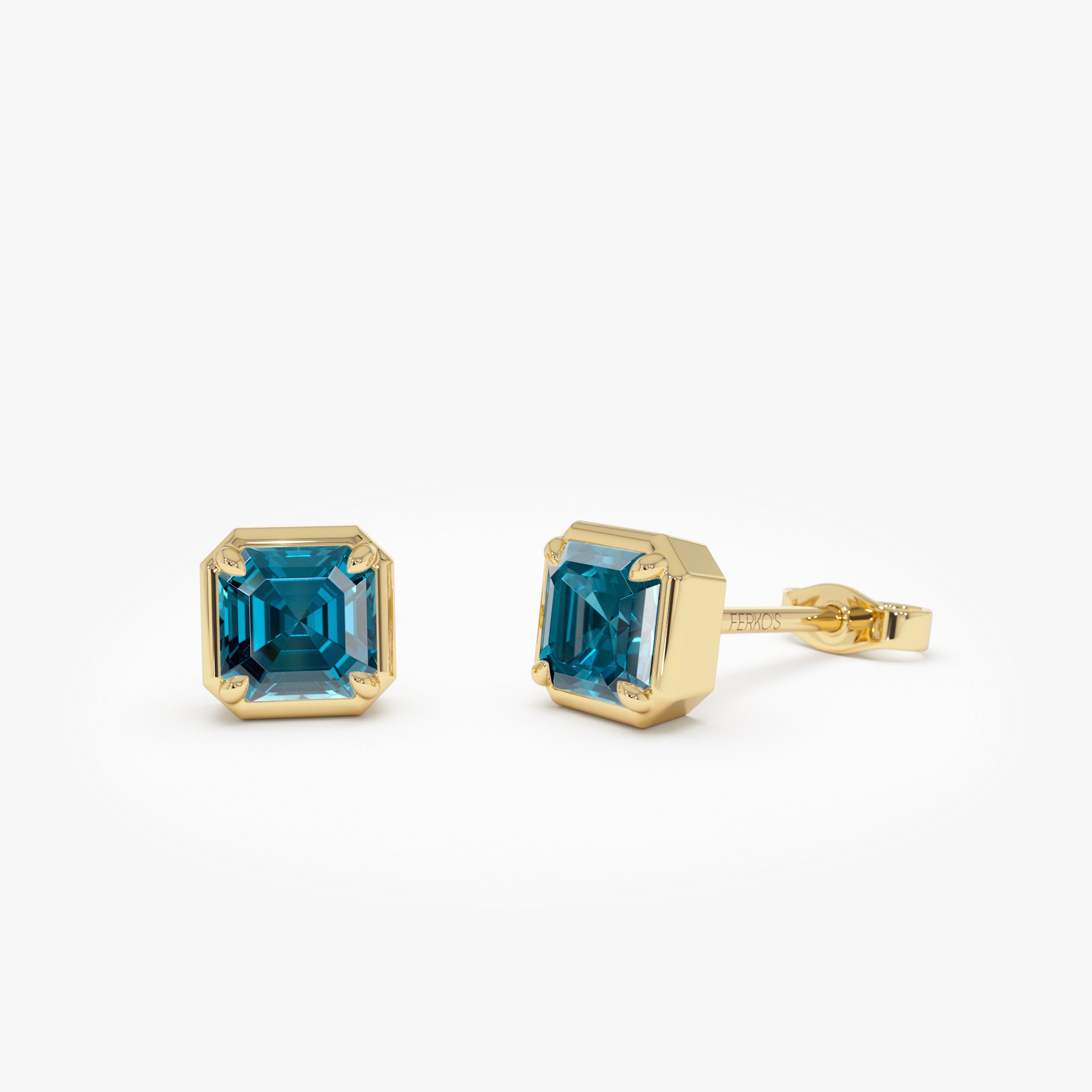 14K Asscher Cut London Blue Topaz Stud Earrings 14k Gold Ferkos Fine Jewelry