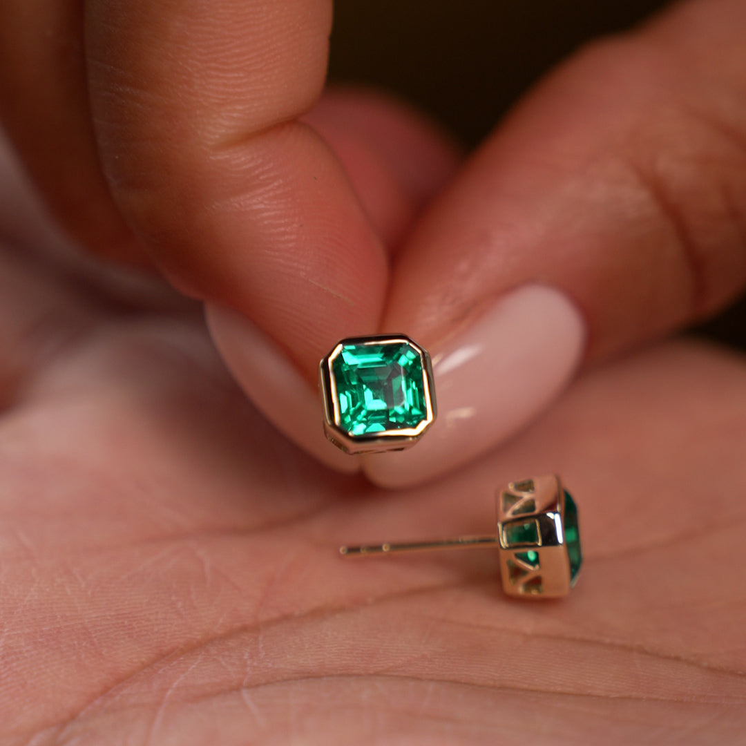 2.30 Ctw 14k Asscher Cut Lab Grown Colombian Emerald Bezel Stud Earrings - Enna Ferkos Fine Jewelry