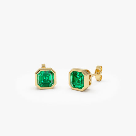 2.30 Ctw 14k Asscher Cut Lab Grown Colombian Emerald Bezel Stud Earrings - Enna Ferkos Fine Jewelry