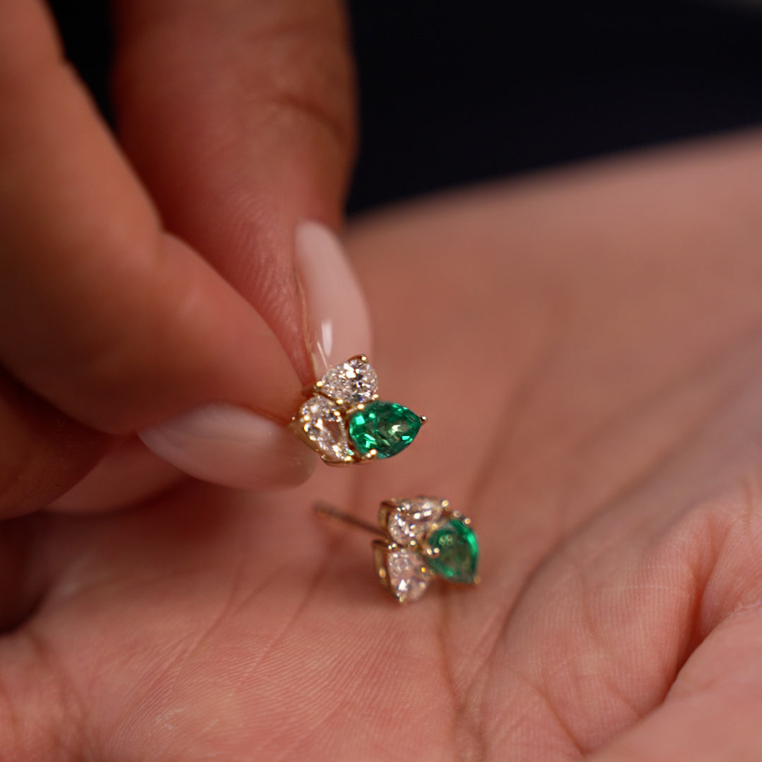 1.79 Ctw 14k Pear Shape Lab Grown Emerald and Diamond Stud Earrings - Fauna Ferkos Fine Jewelry