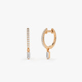 14k Rose Diamond Huggies with a Dangling Baguette Diamond Ferkos Fine Jewelry