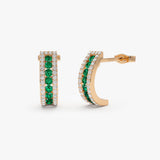14k Rose Emerald and Round Diamond Hoop Earrings