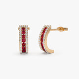 14k Rose Ruby and Round Diamond Hoop Earrings