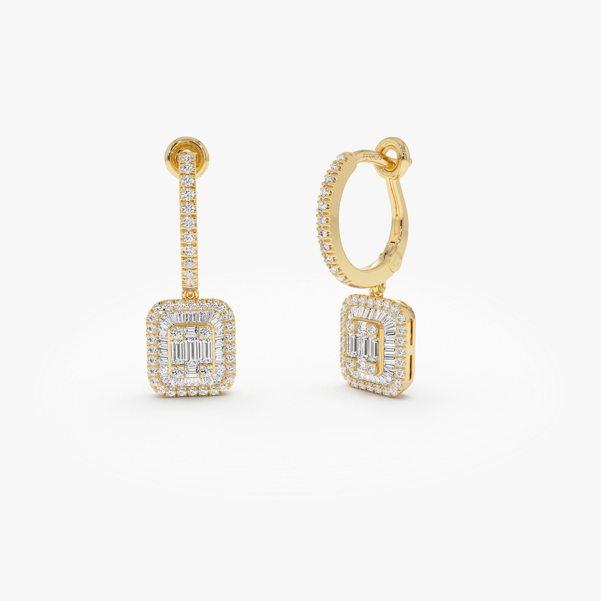 14k Illusion Setting Baguette Diamond Dangling Hoop Earrings 14K Gold Ferkos Fine Jewelry