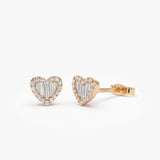 14K Gold Mini Baguette Diamond Heart Studs 14K Rose Gold Ferkos Fine Jewelry