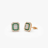 14k Rose Baguette and Round Emerald Studs Halo Setting Ferkos Fine Jewelry