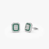 14k Baguette and Round Emerald Studs Halo Setting 14K White Gold Ferkos Fine Jewelry