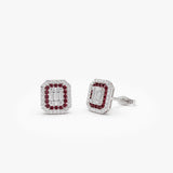 14k Baguette and Round Ruby Studs Halo Setting 14K White Gold Ferkos Fine Jewelry