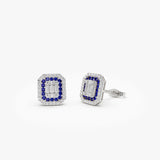 14k Baguette and Round Sapphire Studs Halo Setting 14K White Gold Ferkos Fine Jewelry