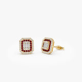 14k Baguette and Round Ruby Studs Halo Setting 14K Gold Ferkos Fine Jewelry