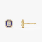 14k Baguette and Round Sapphire Studs Halo Setting  Ferkos Fine Jewelry