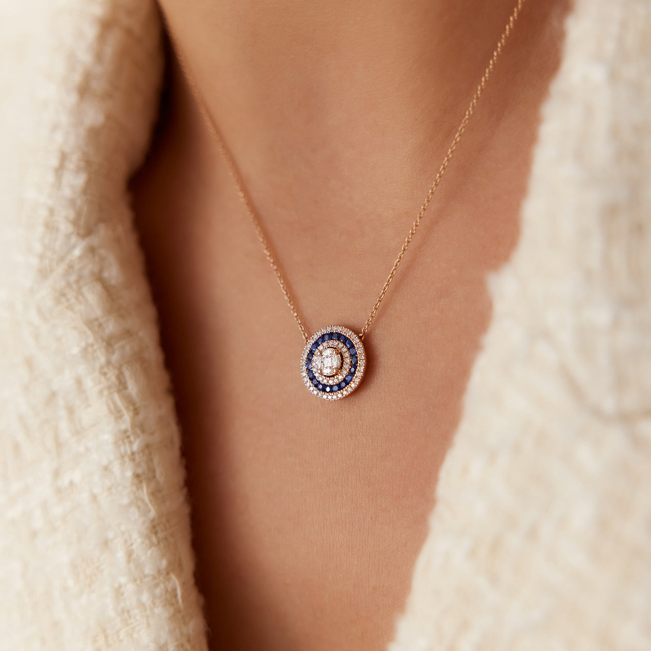 14K Gold Round Diamond Sapphire Necklace Ferkos Fine Jewelry