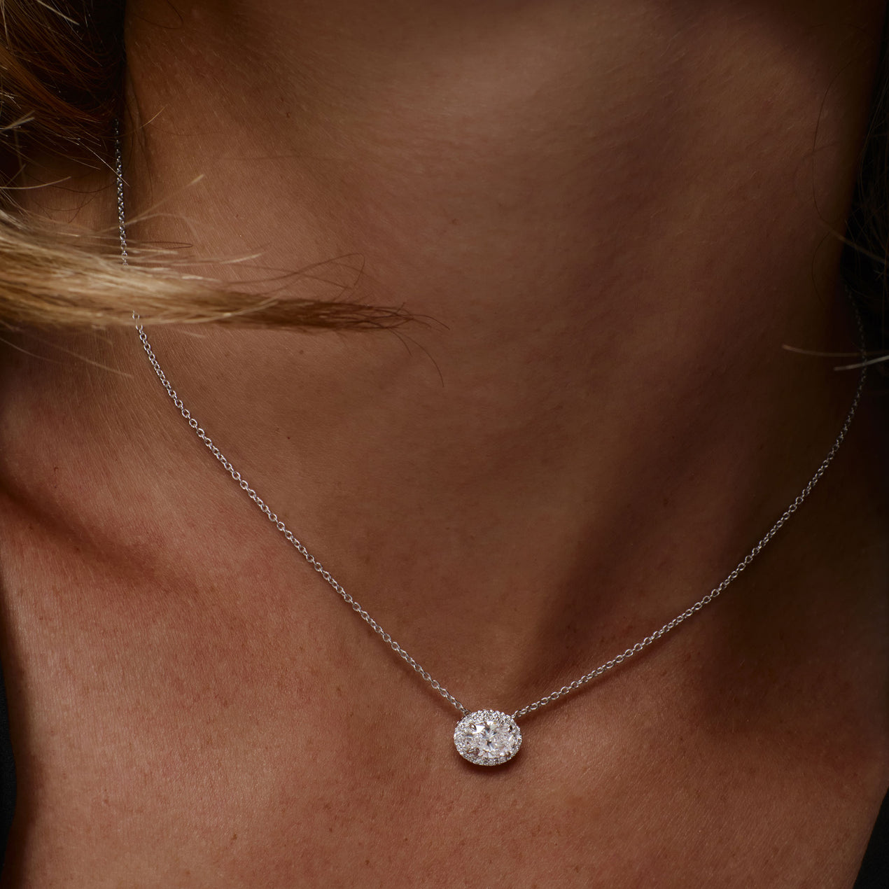 0.90 ctw 14K Halo Setting Oval Cut Lab Grown Diamond Necklace 