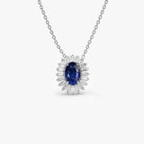 14k Oval Shape Sapphire with Baguette Halo Setting Necklace 14K White Gold Ferkos Fine Jewelry