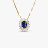 14k Oval Shape Sapphire with Baguette Halo Setting Necklace 14K Gold Ferkos Fine Jewelry