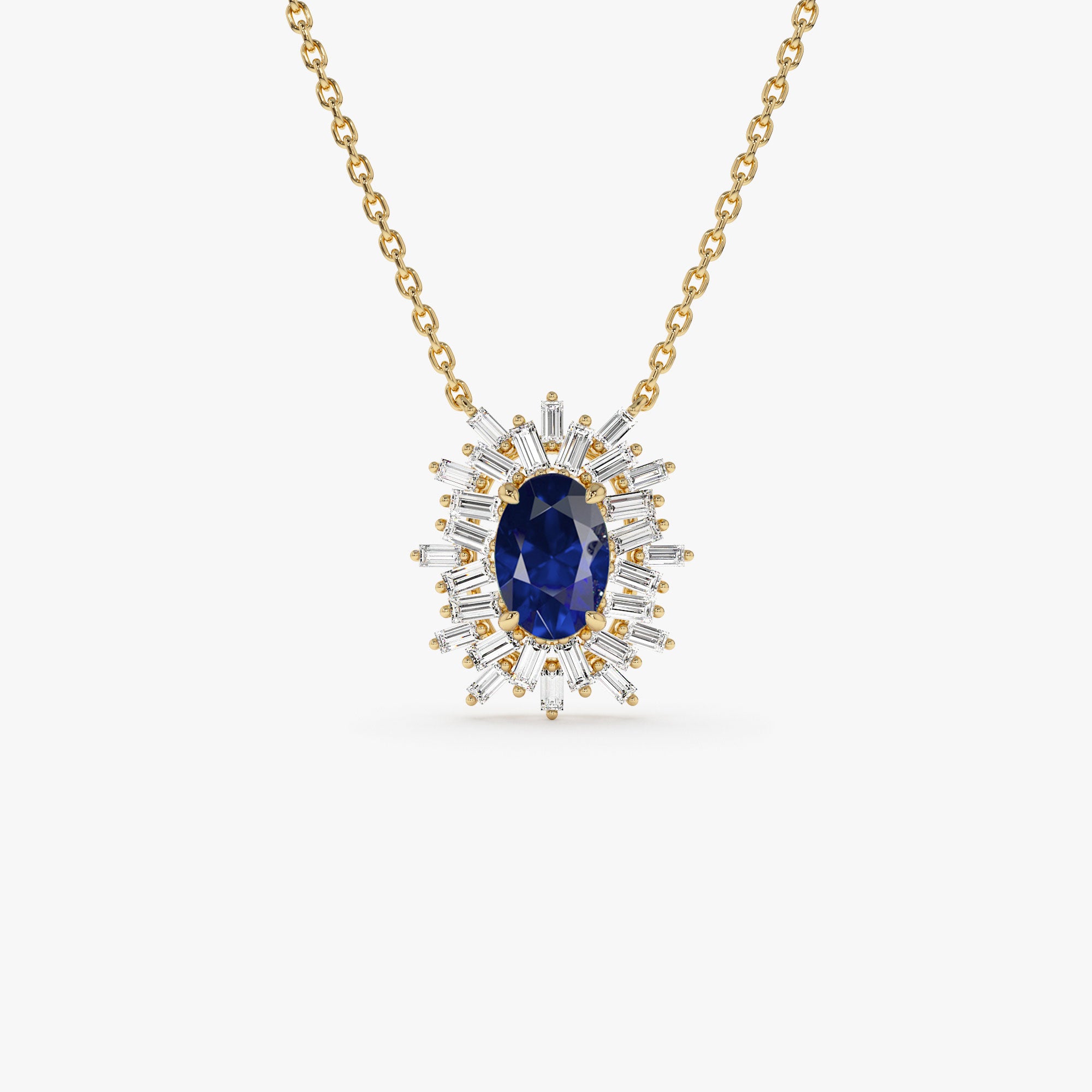 14k Oval Shape Sapphire Necklace with Ballerina Baguettes 14K Gold Ferkos Fine Jewelry